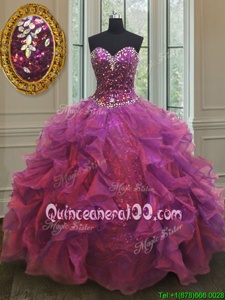 Glittering Beading and Ruffles 15th Birthday Dress Purple Lace Up Sleeveless Floor Length