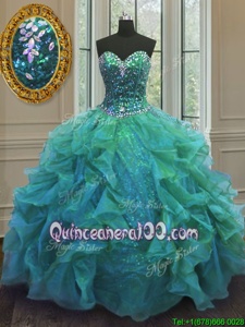 High Quality Floor Length Ball Gowns Sleeveless Turquoise Quinceanera Gowns Lace Up