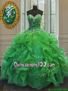 Great Sleeveless Floor Length Beading and Ruffles Lace Up Quinceanera Dresses with Spring Green