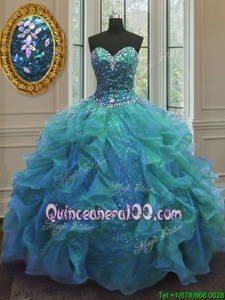 Decent Blue Organza Lace Up 15 Quinceanera Dress Sleeveless Floor Length Beading and Ruffles