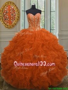 High Class Orange Red Organza Lace Up Ball Gown Prom Dress Sleeveless Floor Length Beading and Ruffles