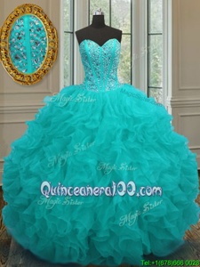 Lovely Aqua Blue Sleeveless Floor Length Beading and Ruffles Lace Up Sweet 16 Quinceanera Dress