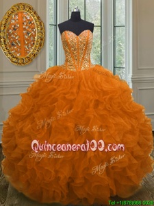 Fashion Floor Length Orange Quince Ball Gowns Organza Sleeveless Spring and Summer and Fall and Winter Beading and Ruffles