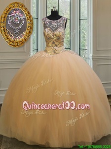 Stylish Backless Scoop Sleeveless Quinceanera Dresses Floor Length Beading and Appliques Gold Tulle