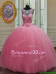 Latest Scoop Rose Pink Sleeveless Tulle Lace Up Quinceanera Gown forMilitary Ball and Sweet 16 and Quinceanera