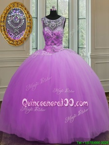 Cute Halter Top Purple Ball Gowns Beading Sweet 16 Dress Lace Up Tulle Sleeveless Floor Length