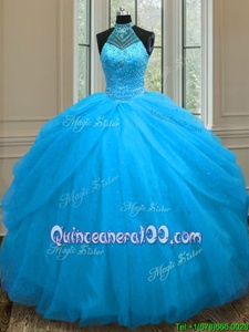 Nice Baby Blue Sleeveless Floor Length Beading Lace Up Quince Ball Gowns