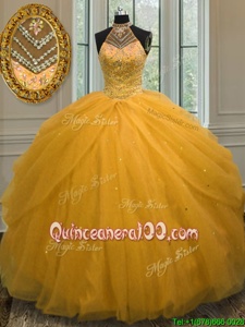 Customized Halter Top Beading Sweet 16 Dress Gold Lace Up Sleeveless Floor Length