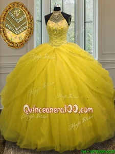Suitable Halter Top Yellow Green Ball Gowns Beading Quinceanera Dresses Lace Up Tulle Sleeveless Floor Length