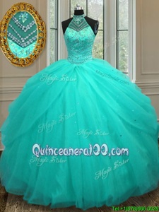 Custom Designed Aqua Blue Ball Gowns Tulle Halter Top Sleeveless Beading Floor Length Lace Up Sweet 16 Dresses