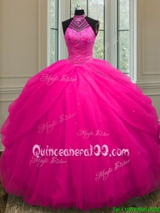 Wonderful Hot Pink Ball Gowns Halter Top Sleeveless Tulle Floor Length Lace Up Beading and Sequins Quinceanera Dresses
