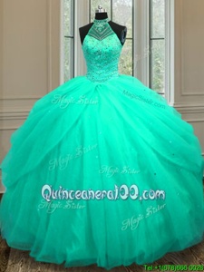 Discount Turquoise Tulle Lace Up Halter Top Sleeveless Floor Length Quinceanera Gowns Beading and Sequins