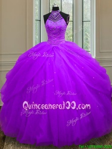 Attractive Halter Top Sleeveless Floor Length Beading and Sequins Lace Up Quinceanera Gowns with Purple