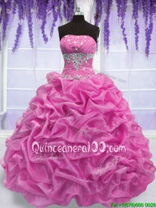 Top Selling Beading Sweet 16 Quinceanera Dress Rose Pink Lace Up Sleeveless Floor Length