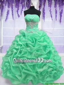 Affordable Organza Strapless Sleeveless Lace Up Beading Quinceanera Gowns inApple Green