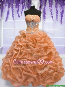 Discount Orange Ball Gowns Beading Quinceanera Gowns Lace Up Organza Sleeveless Floor Length