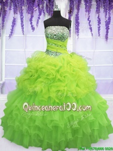Yellow Green Sleeveless Floor Length Beading and Ruffled Layers and Pick Ups Lace Up Vestidos de Quinceanera