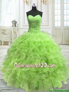 Fantastic Sleeveless Organza Floor Length Lace Up Quinceanera Dress inYellow Green forSpring and Summer and Fall and Winter withBeading and Ruffles