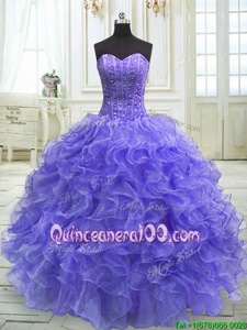 Sexy Purple Ball Gowns Beading and Ruffles Quinceanera Gown Lace Up Organza Sleeveless Floor Length