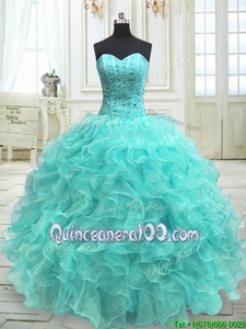 Top Selling Aqua Blue Lace Up 15 Quinceanera Dress Beading and Ruffles Sleeveless Floor Length