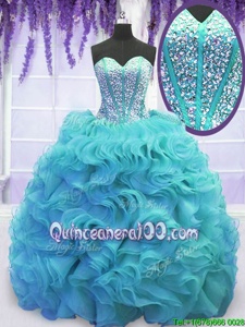 Fashionable Sweep Train Ball Gowns Ball Gown Prom Dress Aqua Blue Sweetheart Organza Sleeveless Lace Up