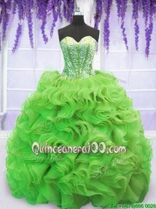 Cheap Spring Green Lace Up Sweetheart Beading and Ruffles 15 Quinceanera Dress Organza Sleeveless Sweep Train