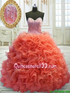 Stylish Coral Red Sweetheart Lace Up Beading and Ruffles 15th Birthday Dress Sweep Train Sleeveless