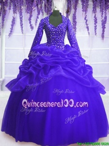 Flirting Royal Blue Ball Gowns Sequins and Pick Ups 15 Quinceanera Dress Zipper Organza Long Sleeves Floor Length