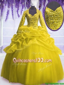 Long Sleeves Floor Length Zipper Vestidos de Quinceanera Yellow and In forMilitary Ball and Sweet 16 and Quinceanera withSequins and Pick Ups