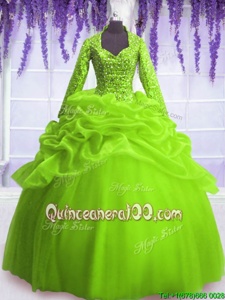 High Quality Spring Green Long Sleeves Floor Length Sequins and Pick Ups Zipper Ball Gown Prom Dress