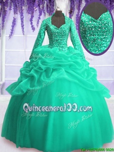 Fitting Turquoise Zipper V-neck Sequins and Pick Ups 15th Birthday Dress Organza Long Sleeves
