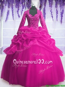 Graceful V-neck Long Sleeves Organza Quince Ball Gowns Sequins and Pick Ups Zipper