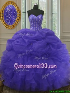 Cute Purple Ball Gowns Sweetheart Sleeveless Organza Floor Length Lace Up Beading and Ruffles and Pick Ups Quince Ball Gowns