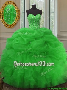 Shining Green 15th Birthday Dress Military Ball and Sweet 16 and Quinceanera and For withBeading and Ruffles and Pick Ups Sweetheart Sleeveless Lace Up