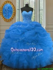 Decent Pick Ups Blue Sleeveless Organza Lace Up Quinceanera Dresses forMilitary Ball and Sweet 16 and Quinceanera