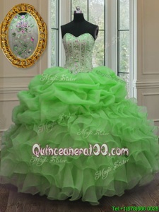 Spring Green Organza Lace Up Quinceanera Dress Sleeveless Floor Length Beading and Ruffles and Pick Ups