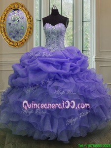 Smart Lavender Lace Up Sweetheart Beading and Ruffles and Pick Ups Ball Gown Prom Dress Organza Sleeveless