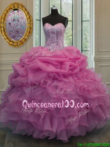 Popular Sweetheart Sleeveless Organza Ball Gown Prom Dress Beading and Ruffles and Pick Ups Lace Up