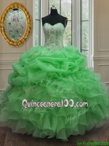 Popular Spring Green Lace Up Sweetheart Beading and Pick Ups Sweet 16 Dresses Organza Sleeveless