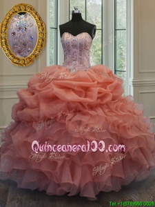 Fantastic Pick Ups Orange Sleeveless Organza Lace Up 15th Birthday Dress forMilitary Ball and Sweet 16 and Quinceanera