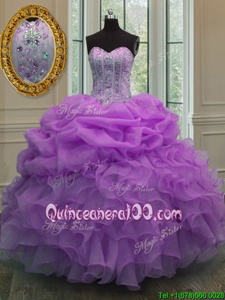 Stylish Lilac Ball Gowns Organza Sweetheart Sleeveless Beading and Pick Ups Floor Length Lace Up Quince Ball Gowns