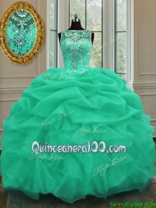Charming Scoop Apple Green Organza Lace Up Sweet 16 Quinceanera Dress Sleeveless Floor Length Beading and Pick Ups