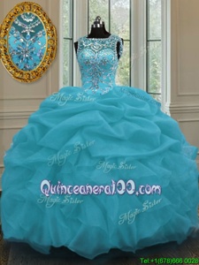 Comfortable Baby Blue Lace Up Scoop Beading and Pick Ups Quinceanera Dress Organza Sleeveless