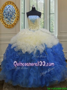 Low Price Blue And White Lace Up Quince Ball Gowns Beading and Ruffles Sleeveless Floor Length