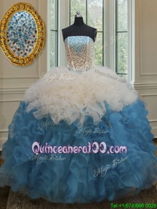 Designer Beading and Ruffles Vestidos de Quinceanera Blue And White Side Zipper Sleeveless Floor Length