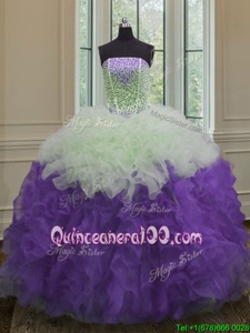 White And Purple Strapless Lace Up Beading and Ruffles Quinceanera Dresses Sleeveless