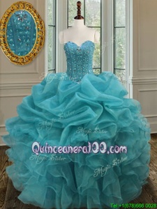 Most Popular Aqua Blue Sleeveless Beading and Ruffles Floor Length Sweet 16 Dress