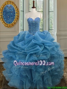 Pretty Blue Lace Up Quinceanera Dress Beading and Ruffles Sleeveless Floor Length