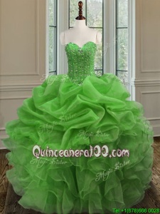 Cheap Floor Length Spring Green Sweet 16 Dresses Organza Sleeveless Spring and Summer and Fall and Winter Beading and Ruffles