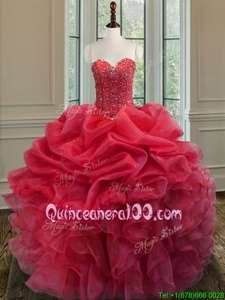 Hot Sale Sweetheart Sleeveless Lace Up 15 Quinceanera Dress Coral Red Organza